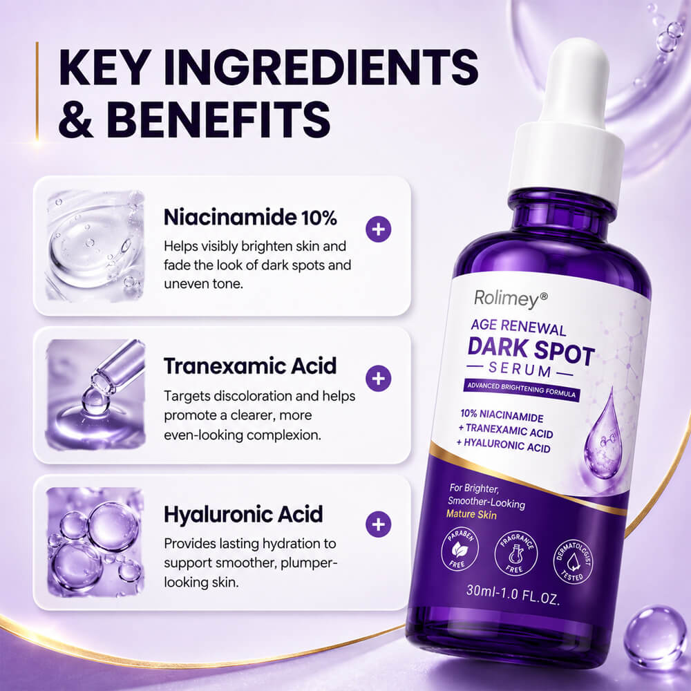 🍀 Rolimey® Age Renewal Dark Spot Serum — Infused with 10% Niacinamide, Tranexamic Acid & Hyaluronic Acid for Brighter, Smoother-Looking Mature Skin 🪙-up