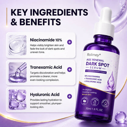 🍀 Rolimey® Age Renewal Dark Spot Serum — Infused with 10% Niacinamide, Tranexamic Acid & Hyaluronic Acid for Brighter, Smoother-Looking Mature Skin 🪙-up